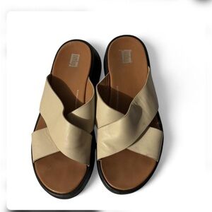 FitFlop F-Mode light Beige Leather Flatform Cross Slides Size 8